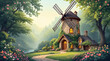 © Joko - Tall windmill cottage beside river and floral border. Scenic mill estate with water view for travel print. Blooming riverside tower house for countryside poster