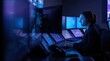 © 5 Grace Media - Female IT professional working in a dark server room with multiple screens and purple lighting.