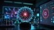 © MD NAZMUL HASAN - Microscopic Virus Cell Model Glowing in Futuristic Scientific Laboratory with Medical Research Data Screens Chemical Flasks and High Tech Biotech Equipment