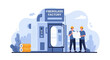 © Wongayu - Vector illustration of a fiberglass factory showing two industrial workers in hard hats reviewing a technical blueprint next to heavy machinery and manufacturing equipment.