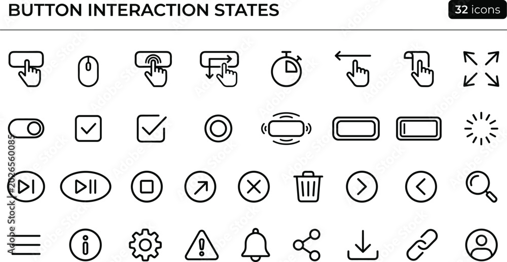 Button Interaction States Icon Set With Click Tap Hover Toggle Loading ...
