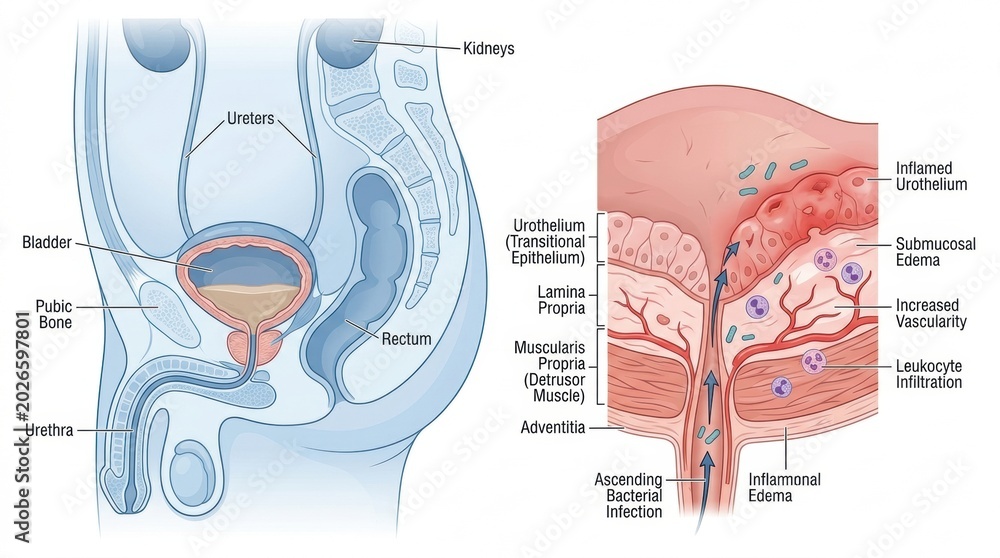 Diagram illustrating bladder infection and its cellular impact on the ...