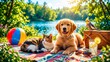 © detry26 - Golden retriever puppy, calico cat and cockatiel bird relaxing on picnic blanket by serene lake. Nature exploration and animal companionship concept