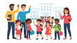 © AJM - First Day of School Joy: A vibrant illustration depicting teachers and diverse children waving hello outside a school building, filled with excitement and anticipation for the new academic year.