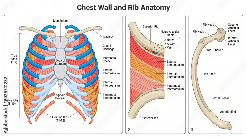 Muscles Overlying Ribs Anatomy chart of chest wall and ribs with intercostal muscle layers ...