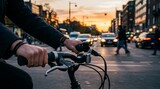 Bicycle Riding at Sunset in Urban City Street with Traffic