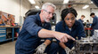© Aurora Aesthetics - caucasian male auto mechanics teacher high school vocational car engine student trade workshop seasoned vocational educator teaching automotive maintenance skills to focused diverse students in school