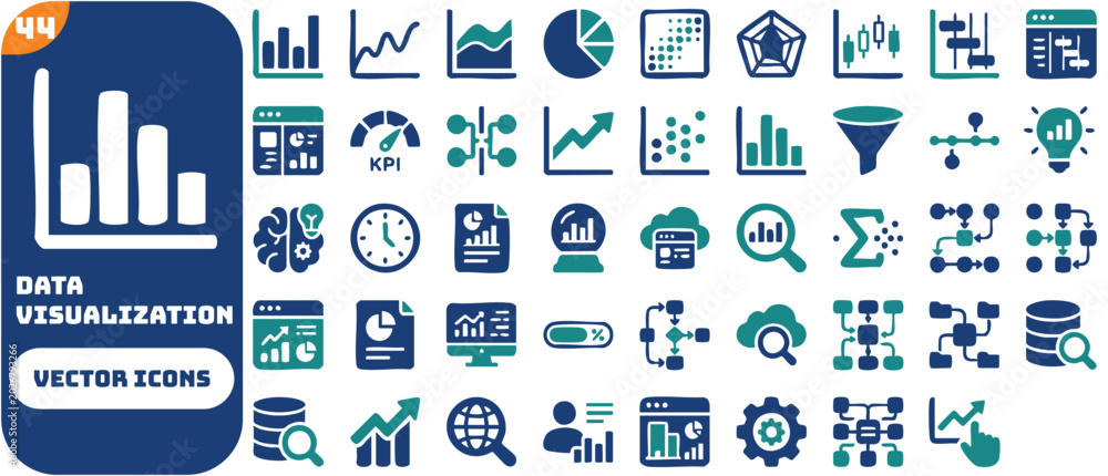 Advanced data visualization icon set featuring bar chart, line graph ...