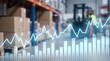 © Eve - Logistics and warehouse inventory growth chart concept. Business supply chain management dashboard with financial data trends infographic background. Forklift truck lifting cargo boxes.