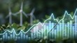 © Eve - Renewable energy growth stock market graph with wind turbines and solar panels. Green economy financial investment chart. Clean power industry trend concept.