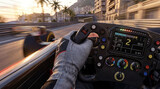 Driver cockpit view of open-wheel racing car on harbor street circuit. Concept of racing simulation, speed technology, sports game interface and motorsport campaign.