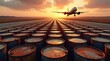 © Tsalsa - Jet Airplane Taking Off Over Field of Oil Barrels at Sunset.