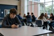 © Fury's Studio ;) - Teenage boy looking down at his smartphone while sitting alone at a table in a busy school cafeteria with other students socializing