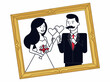 © Afifah - Whimsical Wedding Couple Portrait in Gold Frame - Vector Illustration of Bride and Groom with Heart Props and Fake Mustache for Invitations and Save the Dates