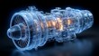 © Strother - Jet engine turbine hologram with glowing blue wireframe and golden internal energy core representing digital twin technology and advanced aerospace engineering innovation