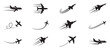 © Jeremy_Show - Airplane icon set with flight motion trails. Flying aircraft jet and passenger plane silhouettes. Aviation travel, air force, speed and delivery concept. Flat vector illustration.