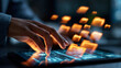 © Kateryna - A hand silhouette manages softly defocused digital documents and folders on a glowing tablet with secure file icons in a moody dark office document management faceless detail