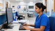 © ZHMPRO - Focused indian nurse typing medical data on desktop computer at hospital reception desk with clinic background area.