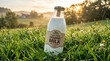 © Wiwit - Bottle of fresh organic milk stands upright in lush green grass field during a beautiful morning sunrise, symbolizing natural purity and wholesome farm produce for a healthy lifestyle