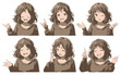 © 7sevenGr - 様々な感情やジェスチャーを表現する茶髪の若い女の子のアニメキャラクターのイラストセットで、困惑、喜び、自信、提案など6つの異なる表情が白い背景に描かれています。