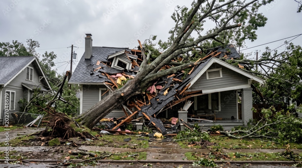 Tree falls on a house roof during severe storm damage concept. A house ...