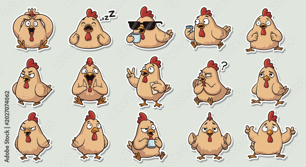 Funny Chicken Emoticons Set, Cartoon Farm Bird Expressions and Poses ...