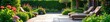 © Janmo - Serene patio garden oasis featuring lush greenery, blooming flowers, and elegant stone paving  Perfect for relaxation and outdoor entertaining  Enjoy the tranquility ,  plants,  comfortable