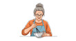 © Selim - Heartwarming portrait of an elderly woman with glasses and a blue apron whisking ingredients in a large bowl in a hand drawn style.