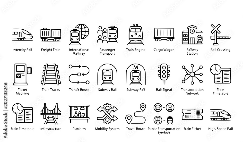 Bus Simbol Railway Transit Outline Icon Collection with Freight Intercity and ...