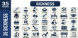 © Goat - Sickness solid icon set featuring illness disease symptoms and medical care, fever headache pain cold flu virus, and hospital doctor patient treatment editable vector icons