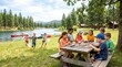 © Lena - Children enjoying picnic by the lake with friends in summer