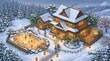© RaNy - A beautifully illustrated Japanese ryokan sits nestled in a snowy mountain landscape.
