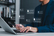 © Supatman - User profile management and identity verification concept. Person using laptop while multiple profile cards with checkmarks representing HR recruitment, database, digital identity system, KYC, ID Card