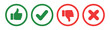 © Labib - Evaluation icons with thumbs up and down checkmark and cross symbols in green and red circle buttons.