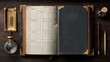 © adri - Vintage ledger open, revealing lined pages & dark cover, with inkwell