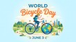 © Vicentia - Colorful illustration for World Bicycle Day on June 3rd. Featuring a woman cycling with a globe wheel, promoting eco-friendly travel, global health, and sustainable green transportation concept