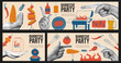 © Aliaksandra - Collage set of barbecue party banners. Vintage halftone hands, doodle grill station, meat, skewers, corn and beer. Summer picnic template design