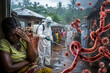 © Diana - Village during Ebola virus outbreak with healthcare workers in protective suits and infected population. Pandemic response and hemorrhagic fever