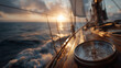 © Kingdola - Sailing into the Sunset: A vintage compass rests on the wooden deck of a sailboat as it glides across the ocean, with the golden sun setting majestically on the horizon.