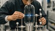 © DigitalSpace - Medium shot of a precision technician using manual dial gauges to adjust a tube alignment and straightening fixture ensuring perfect concentric spacing of the internal electrode