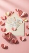 © serta - Romantic Paper Hearts and Love Letters Arranged on Pink Background