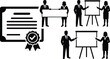 © Mdjoshel  - Business presentation training course certificate icons set with corporate people holding blank banner and pointing at flip chart whiteboard vector