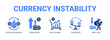 © Jefri - Currency Instability web banner icon concept, with Currency Devaluation, Inflation Rise, Price Increase, Trade Deficit.