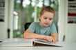 © Volodymyr - Child reading in cozy room. Cute kid reading with smile. Student reading textbook indoors. Little girl reading story at desk. Boy read at home. Clever child read for homework.