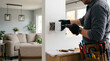 © solom - Professional male electrician installing a smart modern light switch plate on a wall using a cordless drill driver tool in a residential apartment living room renovation