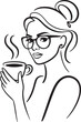 © MDABBAS - Hipster woman with coffee. Linear glamour logo in minimal concept for coffee shop. one line art icon drawing vector