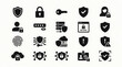 © Bilah - Cybersecurity icons present a structured array of black digital protection symbols, including biometric authentication, encrypted data, and safety shields for modern network infrastructure.