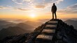 © GalleryVisualLab - Motivational business concept of a male executive standing on a mountain summit above engraved stone steps showing the leadership path to success