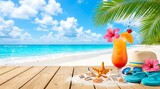 Koktail Segar Tropis di Tepi Pantai dengan Perlengkapan Liburan Musim Panas yang Cerah