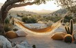 © bright - Sunlit fringed hammock tied to a tree above sandy rocky desert with cushions and barrel cacti at golden hour, a peaceful cozy scene of relaxed solitude